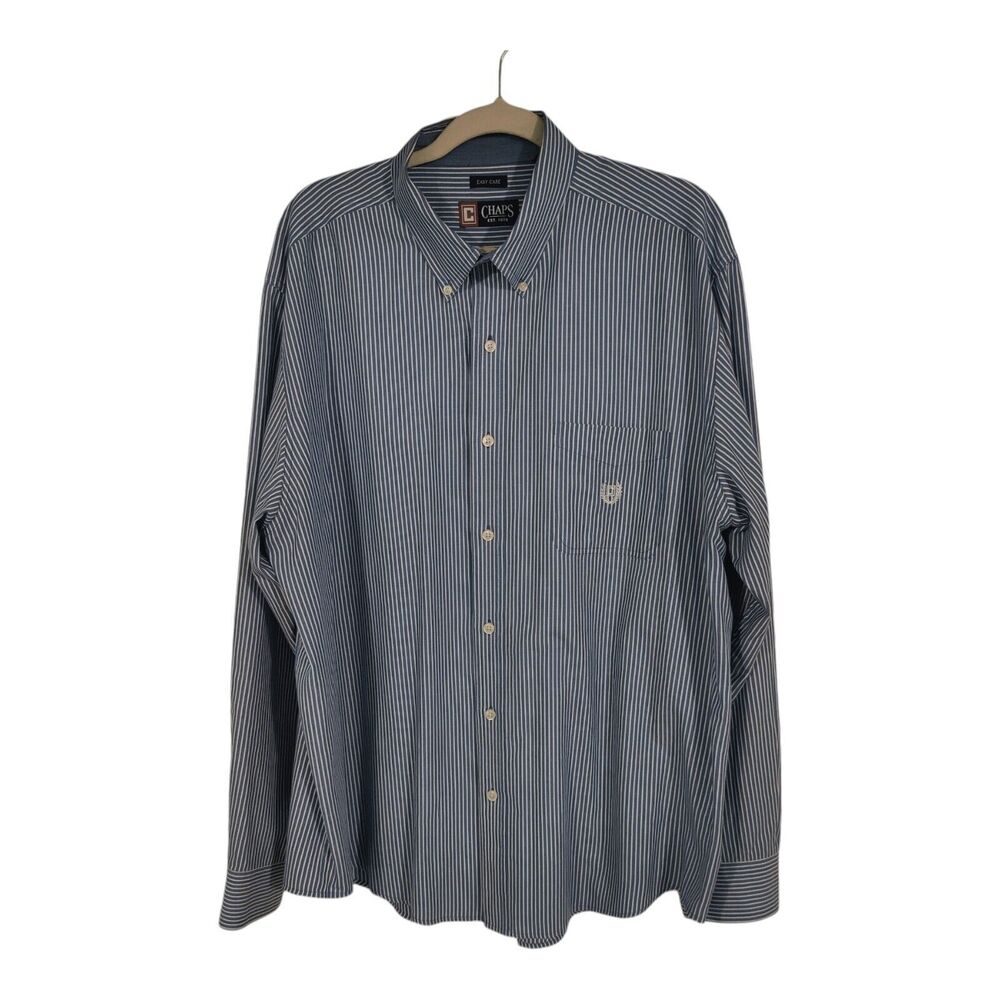 Chaps Long Sleeve Button-down Pocket Blue White Pinstripe Dress Shirt Men's XXL